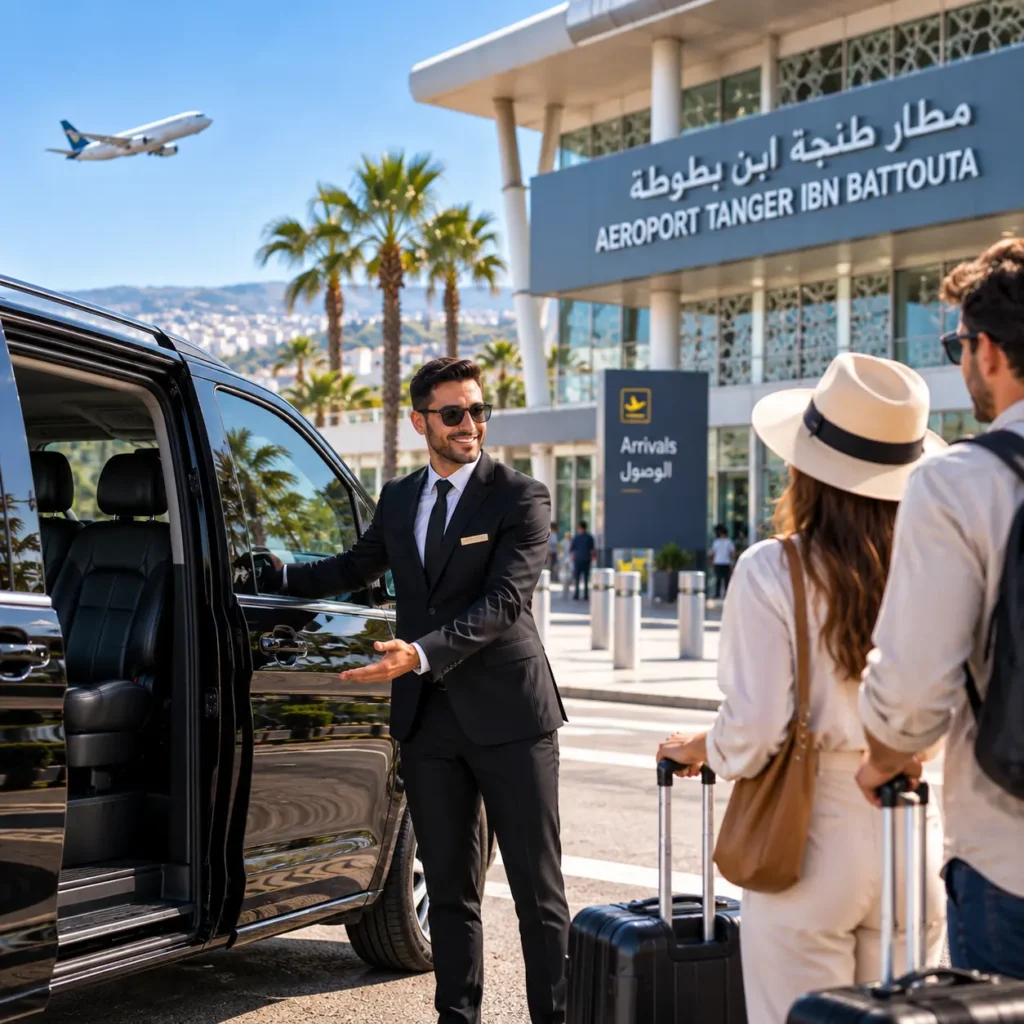 Chauffeur professionnel en costume qui ouvre la porte d’un van Mercedes-Benz noir à deux voyageurs devant l’aéroport de Tanger Ibn Battouta