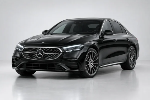 Black Mercedes-Benz E-Class 2025 sedan for private driver hire in Tangier