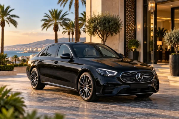 Berline Mercedes-Benz Classe E noire de Transport Tangier devant l’entrée d’un hôtel de Tanger au coucher du soleil