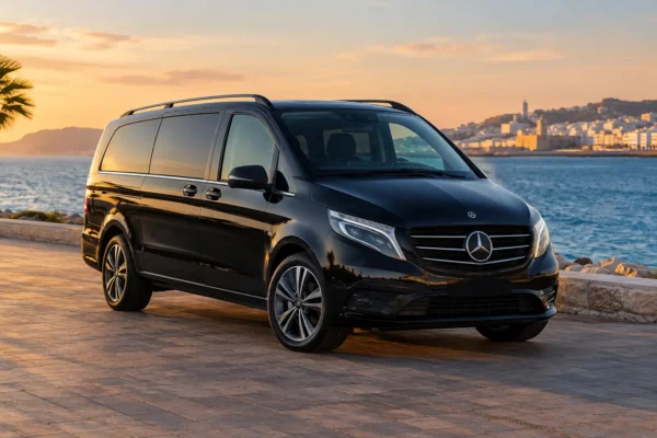 Van Mercedes-Benz Vito noir de Transport Tangier garé sur le front de mer de Tanger au coucher du soleil