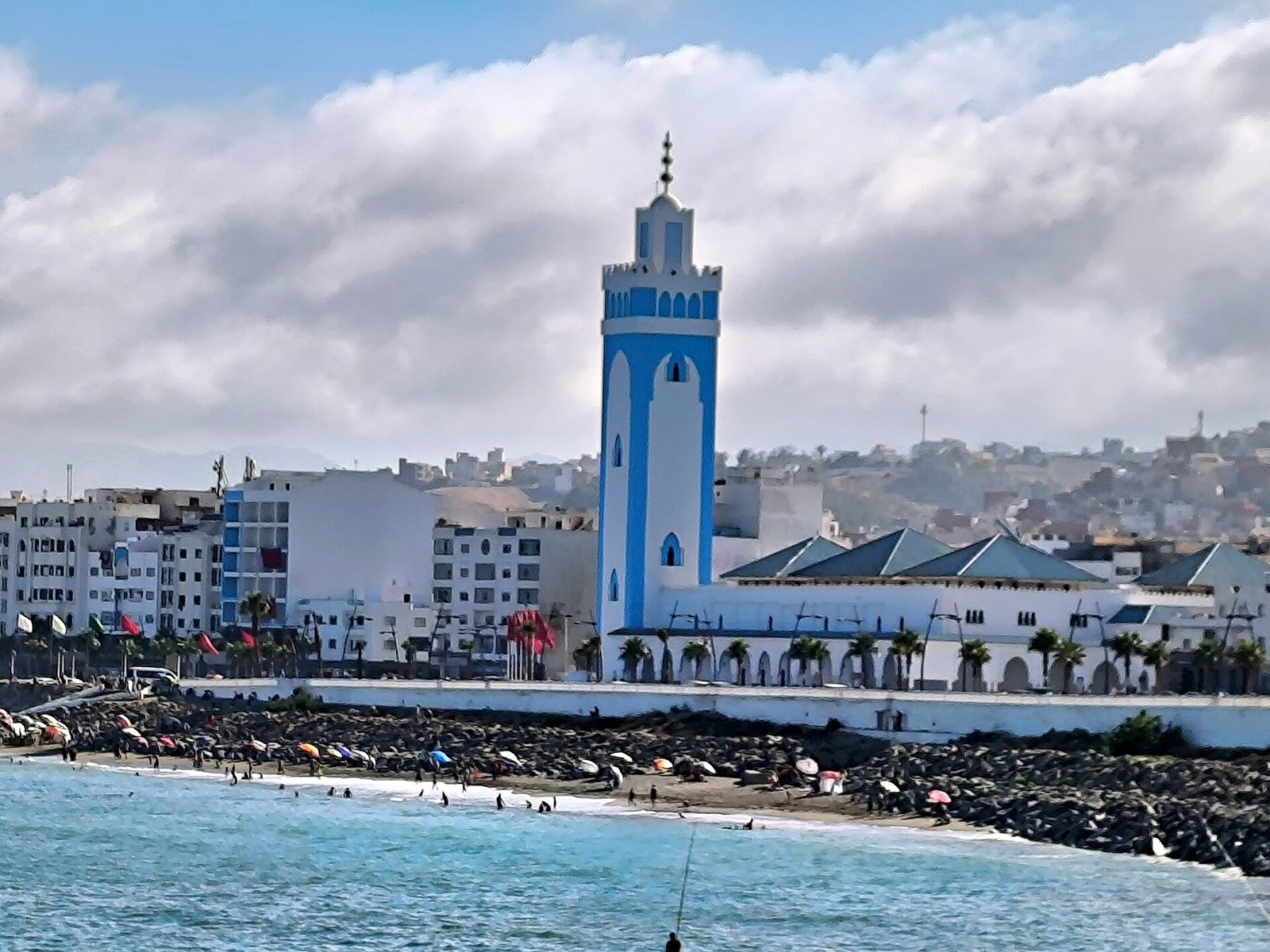 Seafront and mosque at Fnideq, reached by a Tangier to Fnideq transfer