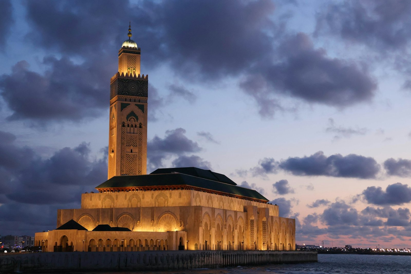 Hassan II Mosque on the Casablanca seafront at sunset