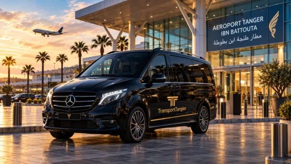 Transport Tangier Mercedes-Benz van waiting at Tangier Ibn Battouta Airport for a private airport transfer