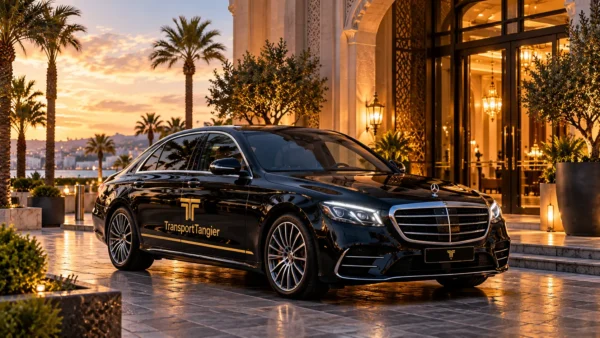 Black Mercedes-Benz sedan of a private driver in Tangier outside a luxury hotel