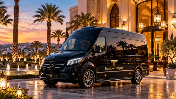 Transport Tangier Mercedes-Benz van at an illuminated palace entrance for wedding and event transport