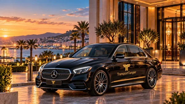 Black Mercedes-Benz E-Class for corporate and VIP transport outside a hotel in Tangier