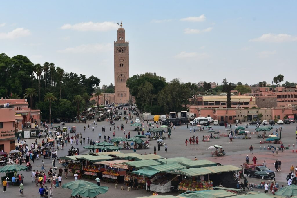 Jemaa el-Fnaa square in Marrakech at the end of a Tangier to Marrakech transfer