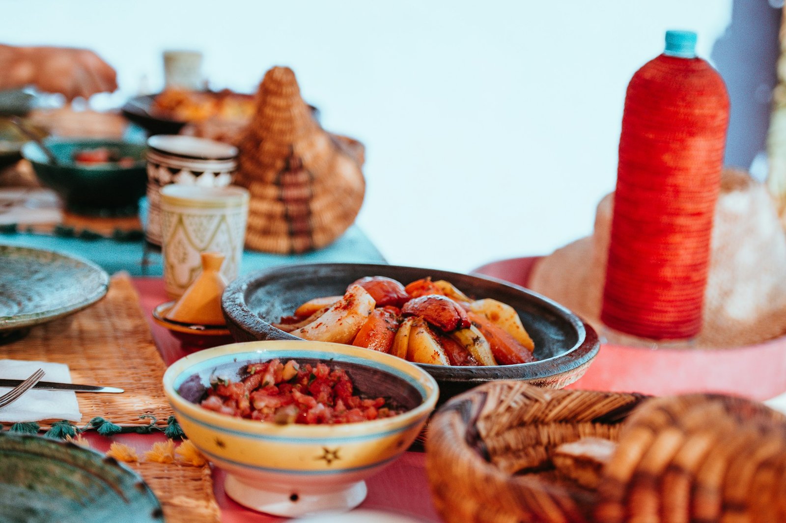 Moroccan dishes and tagines served at a family table