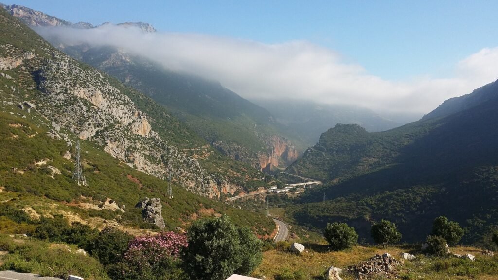 The green valley of Akchour in the Rif mountains seen from the road