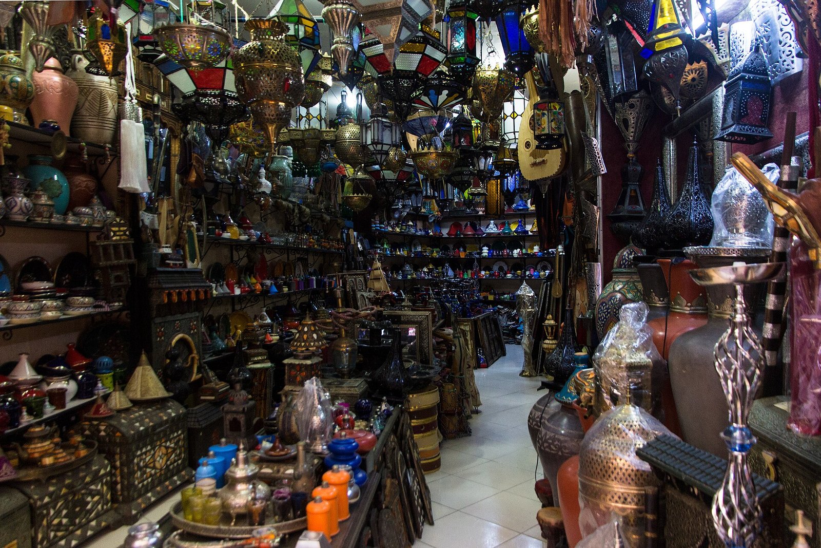 A shop packed with Moroccan lanterns in the medina of Tangier