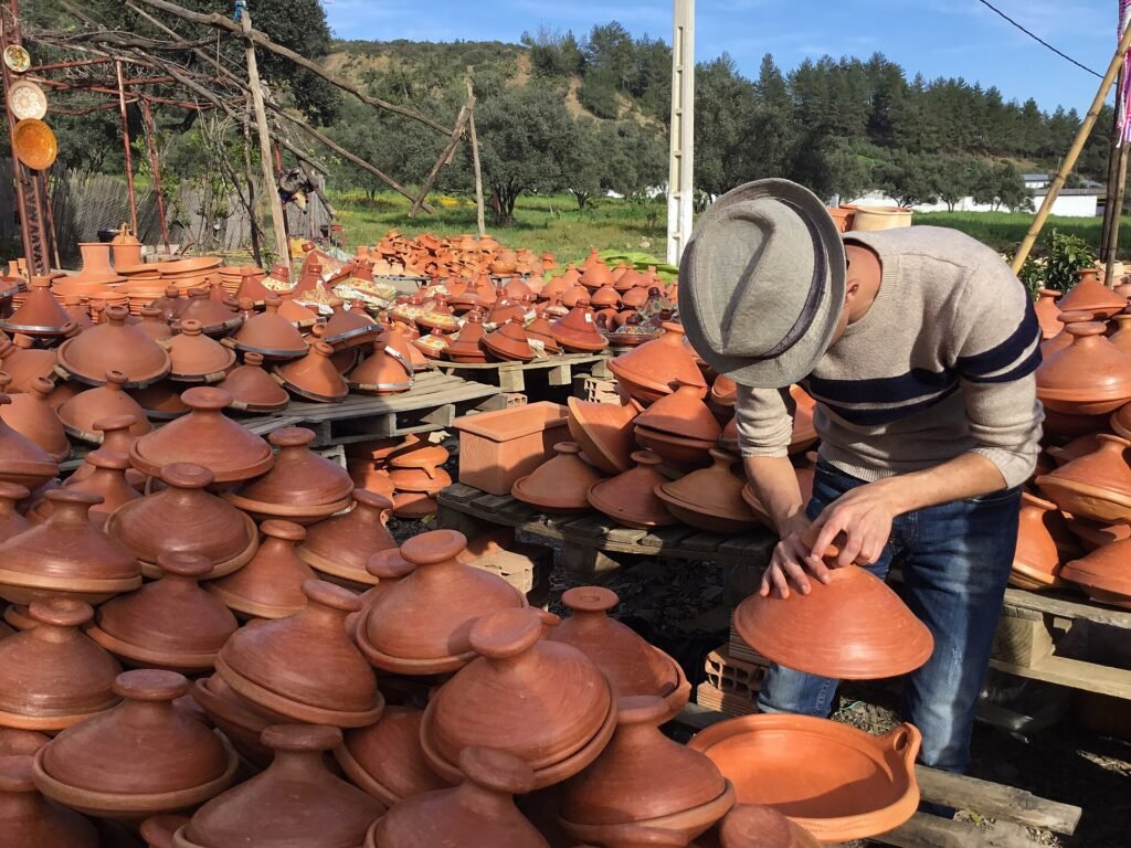 Handmade tagine pots at a roadside potter on the road from Chefchaouen