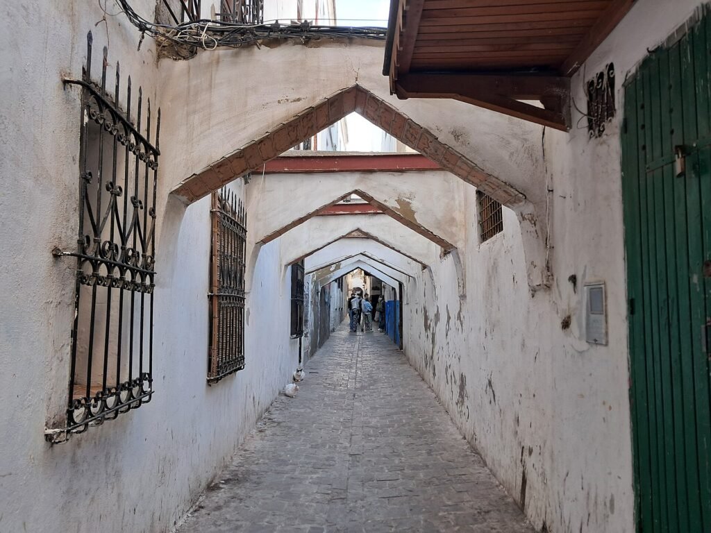 A covered arched alley in the old medina of Tetouan with green doors and iron windows