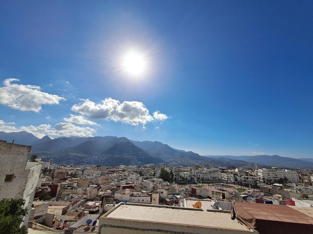 View over the white roofs of Tetouan and the mountains from the old medina
